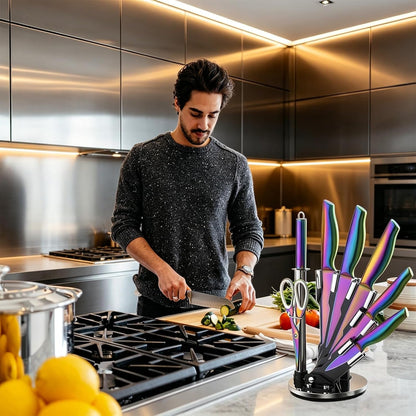 8-Piece Rainbow Kitchen Knife Set with Black Block Luxury Gifts | Rainbow Titanium-Coated Stainless Steel Chef Knife Set with Sharpener,Sharp,Non-Stick,Ergonomic Handle,For Modern Kitchen5