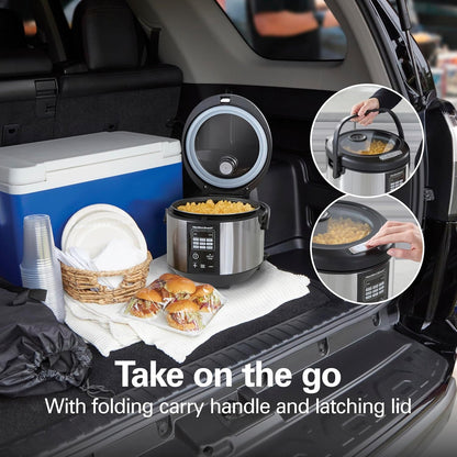 Stay or Go 20 Cup Portable Multi Cooker with Lid Latch | Rice Cooker, Slow Cooker, Food Steamer | Easy Digital Controls | Pfas-Free Nonstick Pot | Glass Lid | Black & Stainless Steel3