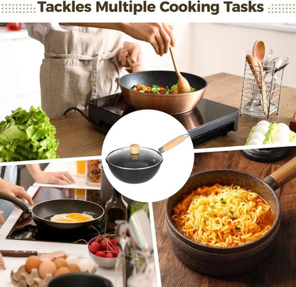 Small Wok with Lid, Mini Wok, 8" Non-Stick Mini Frying Pan, Compact, Coating-Less, Cast Iron Wok with Wooden Handle, Compatible with Induction, Gas, Ceramic Stove4