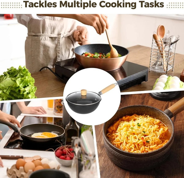 Small Wok with Lid, Mini Wok, 8" Non-Stick Mini Frying Pan, Compact, Coating-Less, Cast Iron Wok with Wooden Handle, Compatible with Induction, Gas, Ceramic Stove4