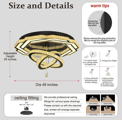 Large Crystal Chandelier Dia 48" Black Ring Crystal Chandelier Flush Mount Ceiling Light for Living Room Foyer Hallway Dimmable LED 3 Rings Celing Lighting2