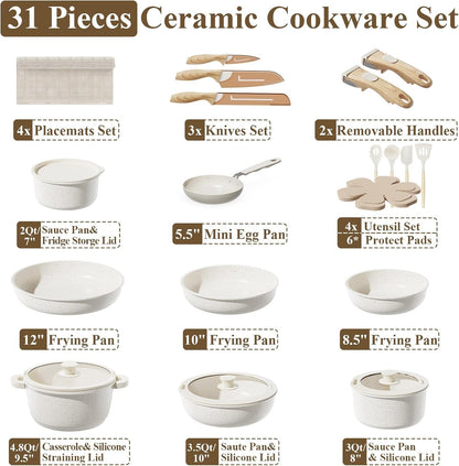 31Pcs Pots and Pans Set Non Stick Ceramic Cookware Set W/Removable Handle | Non Toxic, Pfas-Free, Durable, Space Saving, Induction Compatible, Dishwasher Safe, 3Pcs Knife Set, 4Pcs Placemat Set7