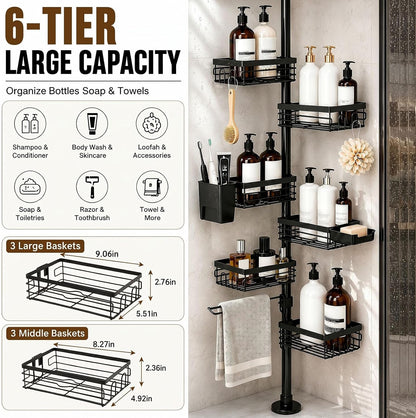 6-Tier Corner Shower Caddy Tension Pole, Rustproof Shelves, Black3