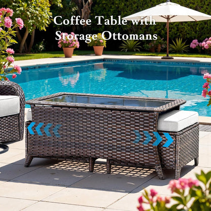 Luxury 6" Thick Cushioned 8 Pieces Patio Furniture Set with Outdoor Couch, Wicker Outdoor Conversation Set with High Back Swivel Rocker Chairs for Deck Porch Yard and Poolside - Brown-Beige8