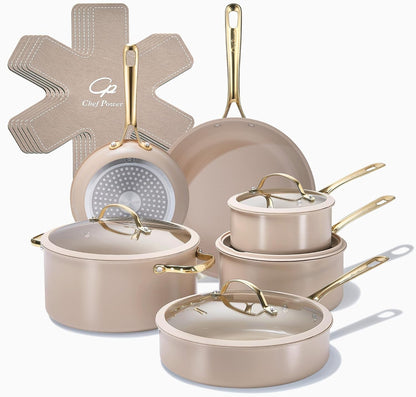 Ceramic Cookware Sets, 15Pcs Pots and Pans Set Non Stick, Cookware Set with Stainless Steel Handle, Dishwasher & Oven Safe, Taupe and Light Gold Handle1
