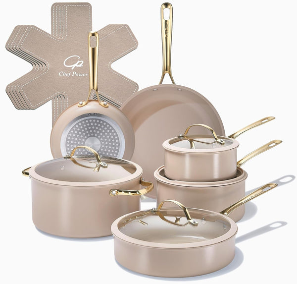Ceramic Cookware Sets, 15Pcs Pots and Pans Set Non Stick, Cookware Set with Stainless Steel Handle, Dishwasher & Oven Safe, Taupe and Light Gold Handle1