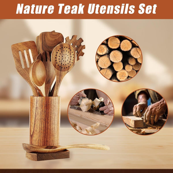 Wooden Spoons for Cooking, 10 Pcs Teak Wooden Cooking Utensil Set with Holder, Wooden Kitchen Utensils Set for Nonstick Pans & Cookware3
