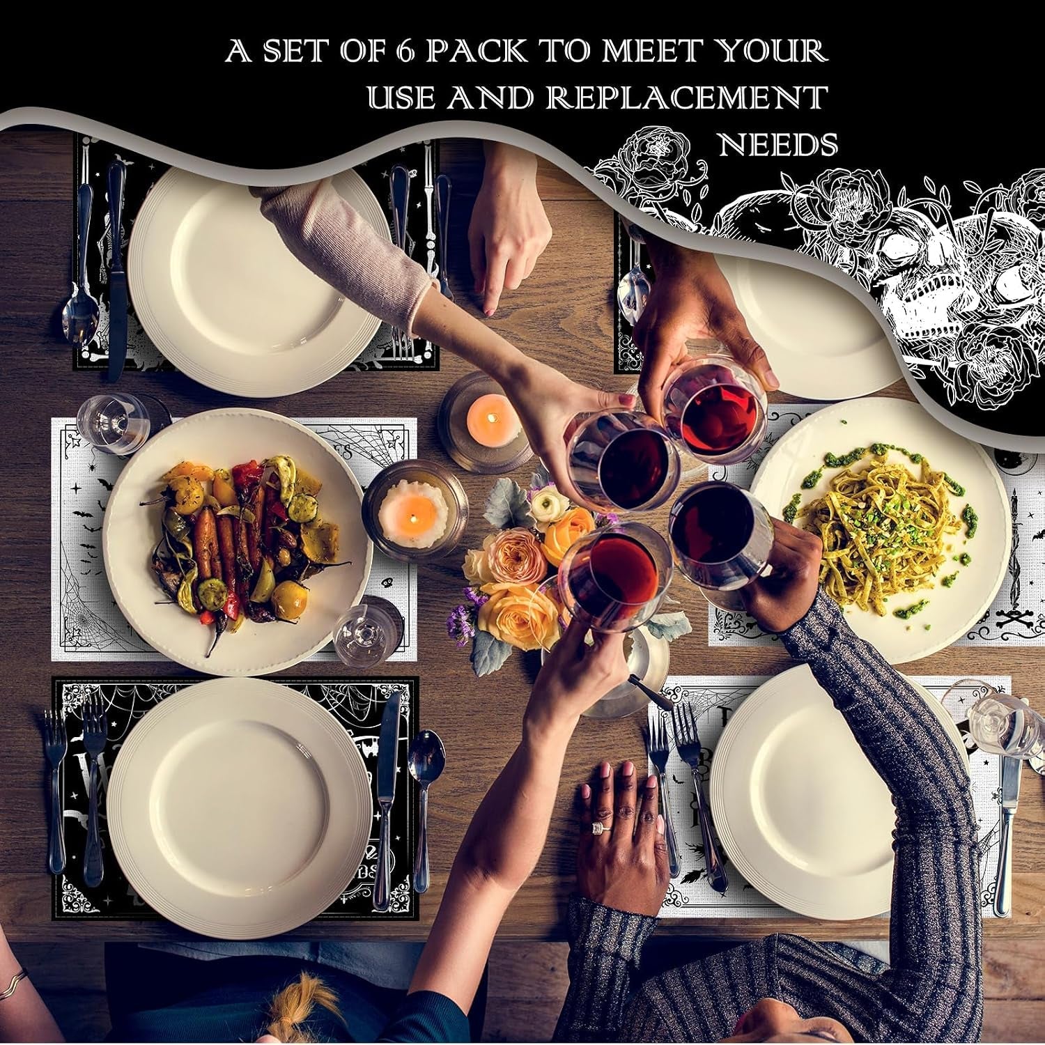 6-pcs-halloween-placemats-12x18-gothic-bat-placemats-kitchen-decoration-washable-witch-place-mats-rectangle-skull-table-mats-for-halloween-dining-table-accessoriesblack-white-character-style