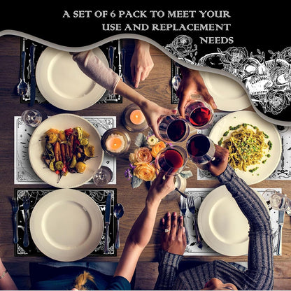 6 Pcs Halloween Placemats 12"X18" Gothic Bat Placemats Kitchen Decoration Washable Witch Place Mats Rectangle Skull Table Mats for Halloween Dining Table Accessories(Black White Character Style)5