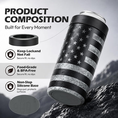 4-In-1 Slim Can Cooler Easy to Hold Insulated Beer Can Holder Double-Walled Stainless Steel for All 12 Oz Cans Black America Flag 23