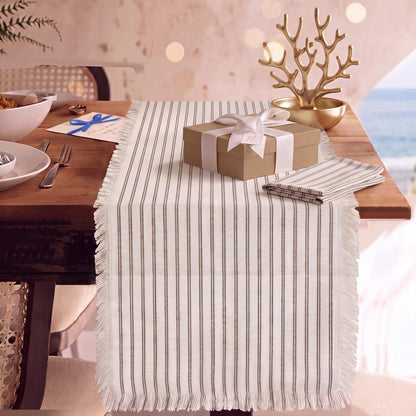 Striped Table Runner 71X12 Inch Brown Cotton Linen Fringe1