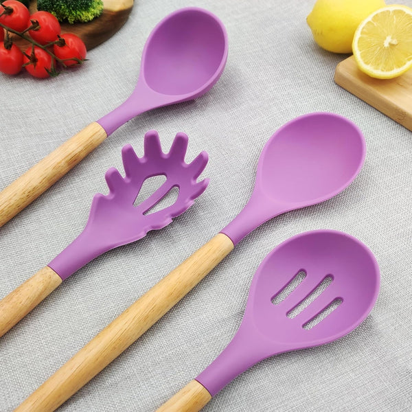 Kitchen Utensils Set 12 Pieces Nonstick Silicone Cooking Utensils Wood Handle Silicone Cooking Utensils Set with Holder Dishwasher Safe BPA Free (Purple)3