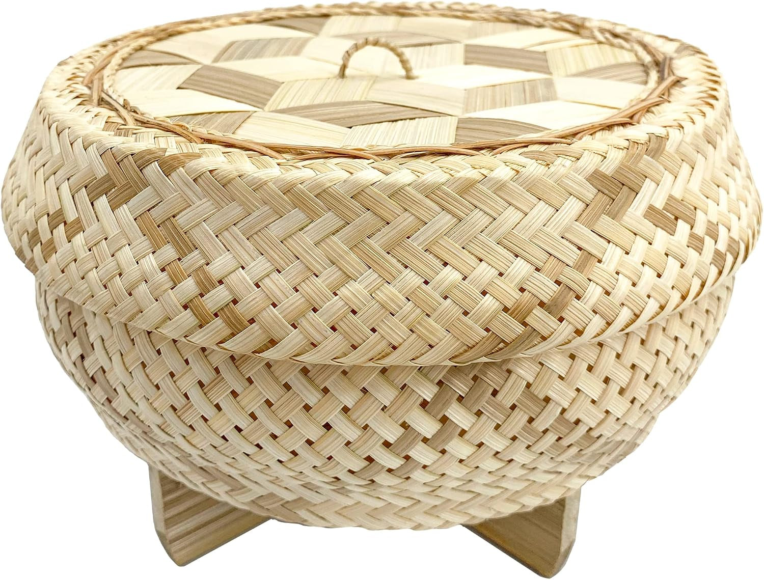 handmade-100-natural-thai-bamboo-sticky-rice-electric-cooker-steamer-set-small-pot-insert-6-5-inch-checkered-wicker-woven-lid-16-cheesecloth-filter-and-wooden-spoon