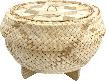 Handmade 100% Natural Thai Bamboo Sticky Rice “Electric Cooker Steamer Set”, Small Pot Insert ~ 6.5 Inch, Checkered Wicker Woven Lid, 16’’ Cheesecloth Filter, and Wooden Spoon2
