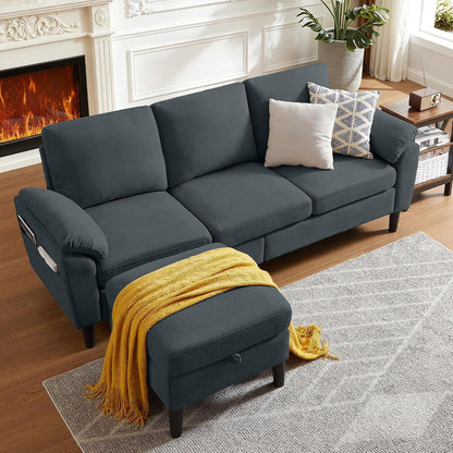 80" Convertible Sectional Couch with Ottoman, 3 Seater L Shaped Couch Sofa with Storage Chaise, Removable Armrest Cushions, Linen Modern Small Couches for Living Room, Apartment, Dark Grey1