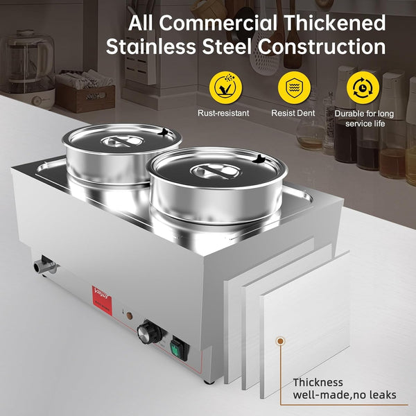 Commercial Stainless Steel Bain Marie Food Warmer 2 round Pots | 1200W, Adjustable Heat Control (95℉-185℉), Electric Soup Warmer with Lid and Tap for Home, Catering, Buffet5