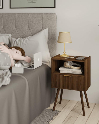 Nightstand,Modern Bedside Table with Storage Drawer and Open Wood Shelf, for Living Room, Bedroom and Small Spaces, Accent Night Stand with Solid Wood Legs, Easy Assembly,Walnut Brown4