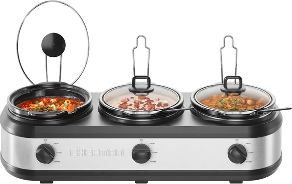Triple Slow Cooker & Food Warmer, Three Crock Slowcooker with 2.5 Qt. Ceramic Crocks, 7.5-Quart Total Capacity, Pfas-Free, Three Temperature Settings, Dishwasher-Safe Parts – Stainless Steel1