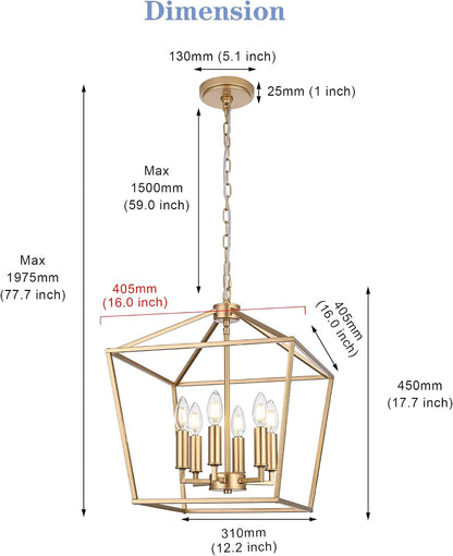 6-Light Gold Chandelier，Modern Ceiling Light Farmhouse Lantern Light Fixtures with Industrial Metal Cage Adjustable Height Kitchen Chandelier for Entryway Hallway Foyer Bedroom6