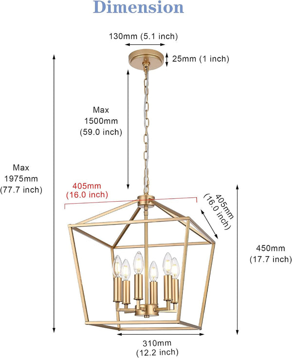 6-Light Gold Chandelier，Modern Ceiling Light Farmhouse Lantern Light Fixtures with Industrial Metal Cage Adjustable Height Kitchen Chandelier for Entryway Hallway Foyer Bedroom6
