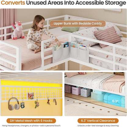 Triple Bunk Bed Twin over Twin with 9 Storage Drawers and LED Lights, White8