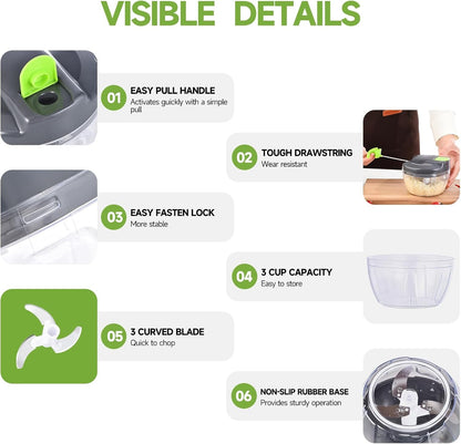 Manual Food Processor Vegetable Chopper, Portable Hand Pull String Garlic Mincer Onion Cutter for Veggies, Ginger, Fruits, Nuts, Herbs, Etc., 500Ml,（Gray-Green）8