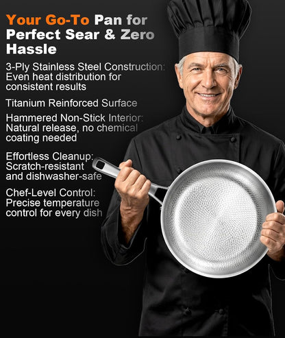 Titanium Pans for Cooking, 12" Uncoated Hammered Titanium Pro Frying Pan, PFAS Free Cookware, Frying Pan with Lid, Non Toxic Tri-Ply Skillet for Cooking, PFAS/PFOA/PTFE Free, Induction & Oven-Safe4