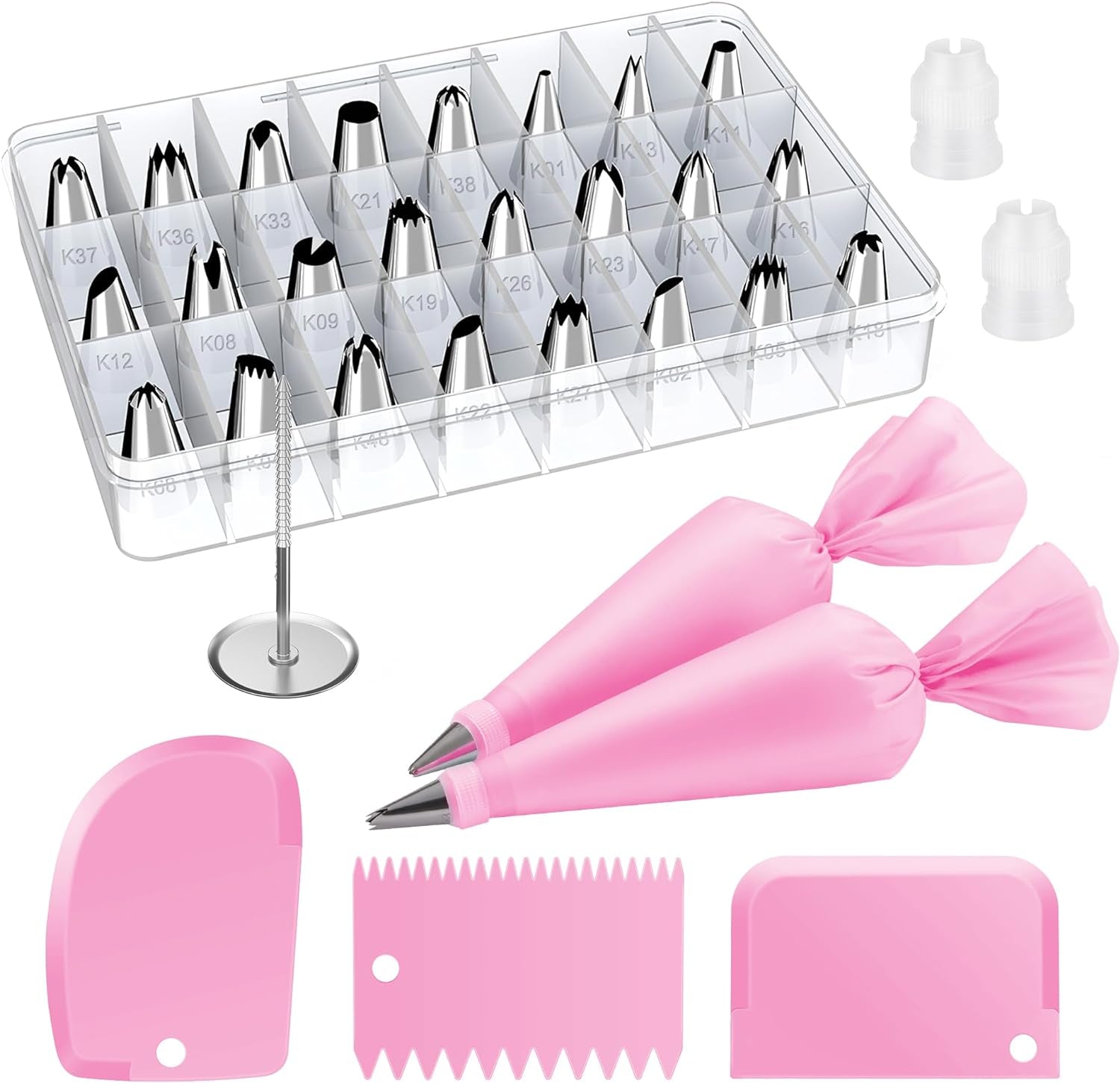32-piping-bags-and-tips-set-frosting-piping-kit-for-beginners-pros-storage-case-baking-supplies-tools-24-icing-tips-2-reusable-piping-bags-3-scrapers-for-cupcake-cookie-cake-decorating