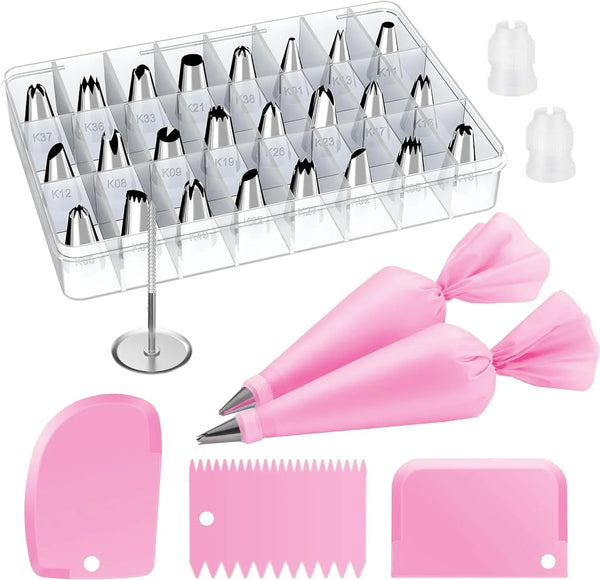 32 Piping Bags and Tips Set Frosting Piping Kit for Beginners & Pros | Storage Case, Baking Supplies Tools, 24 Icing Tips, 2 Reusable Piping Bags, 3 Scrapers, for Cupcake Cookie Cake Decorating1