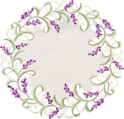 Embroidered Purple Lavender Lilac Doily Placemat on Ivory (15 Inch Round)1