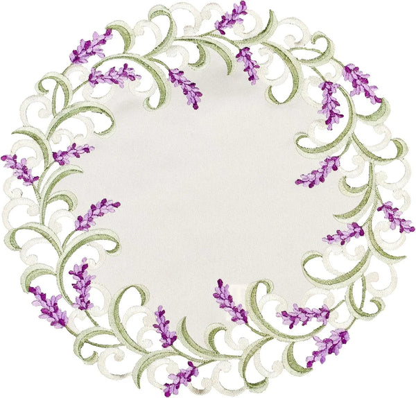 Embroidered Purple Lavender Lilac Doily Placemat on Ivory (15 Inch Round)1