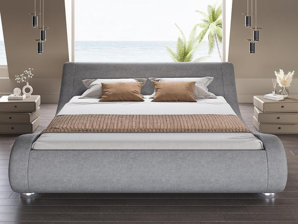 Queen Size Sleigh Bed Frame, Low Profile, Faux Leather, Grey3