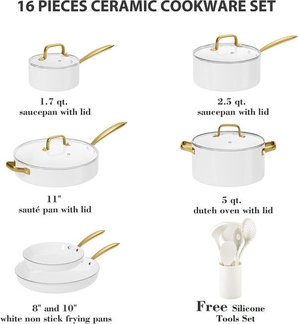 Ceramic Cookware Set 16 Pcs Pots and Pans Set Non Stick | Cookware Sets with Cooking Utensils Set, Non Toxic Cookware Set White Gold Pan Set for Cooking Pot Oven & Dishwasher Safe2