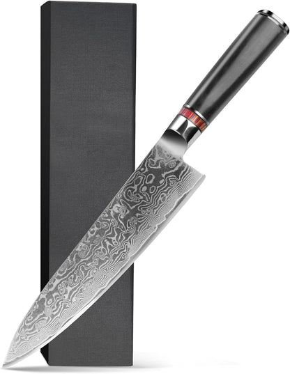 8" Damascus Chef Knife - 67-Layer Hand-Forged Blade, NSF Certified, Pakkawood Handle, Gift Box (62 HRC)1