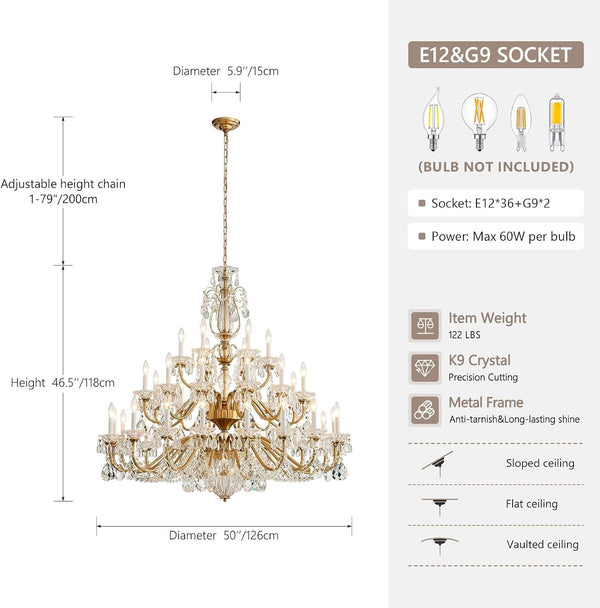 50 Inch Extra Large Maria Theresa Crystal Chandelier, Vintage Brass Candelabra Chandelier Pendant Light Fixture for High Ceiling Living Room, Foyer, Entryway, Staircase, Lobby,Banquet Hall2