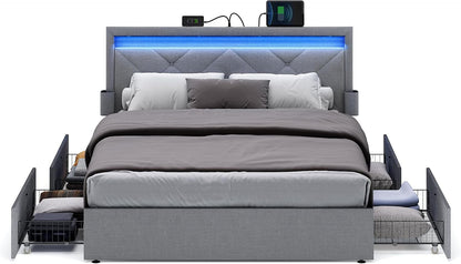 Queen Bed Frame, 4 Storage Drawers on Wheels, Charging Station1