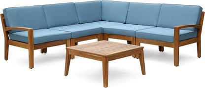 Great Deal Furniture Noble House Grenada Outdoor Acacia Wood 5 Seater Sectional Sofa Set Teak/Blue1