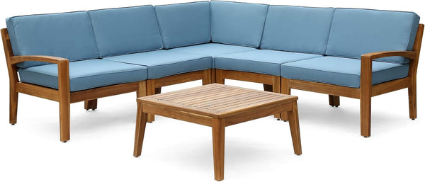 Great Deal Furniture Noble House Grenada Outdoor Acacia Wood 5 Seater Sectional Sofa Set Teak/Blue1
