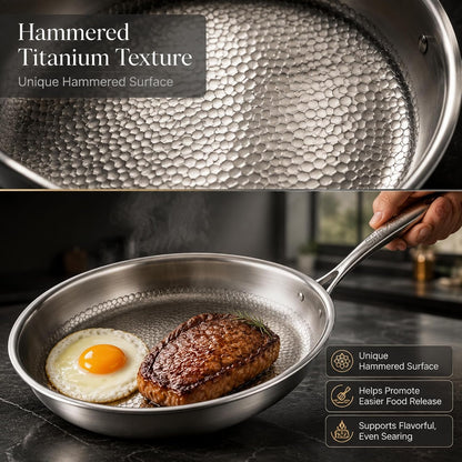 12 Inch Titanium Frying Pan, Pure Titanium Cooking Surface with Hammered Pattern, Pfas-Free 3-Ply Stainless Steel Induction Skillet, High Heat Oven Safe Coating-Free Pan with Tempered Glass Lid3