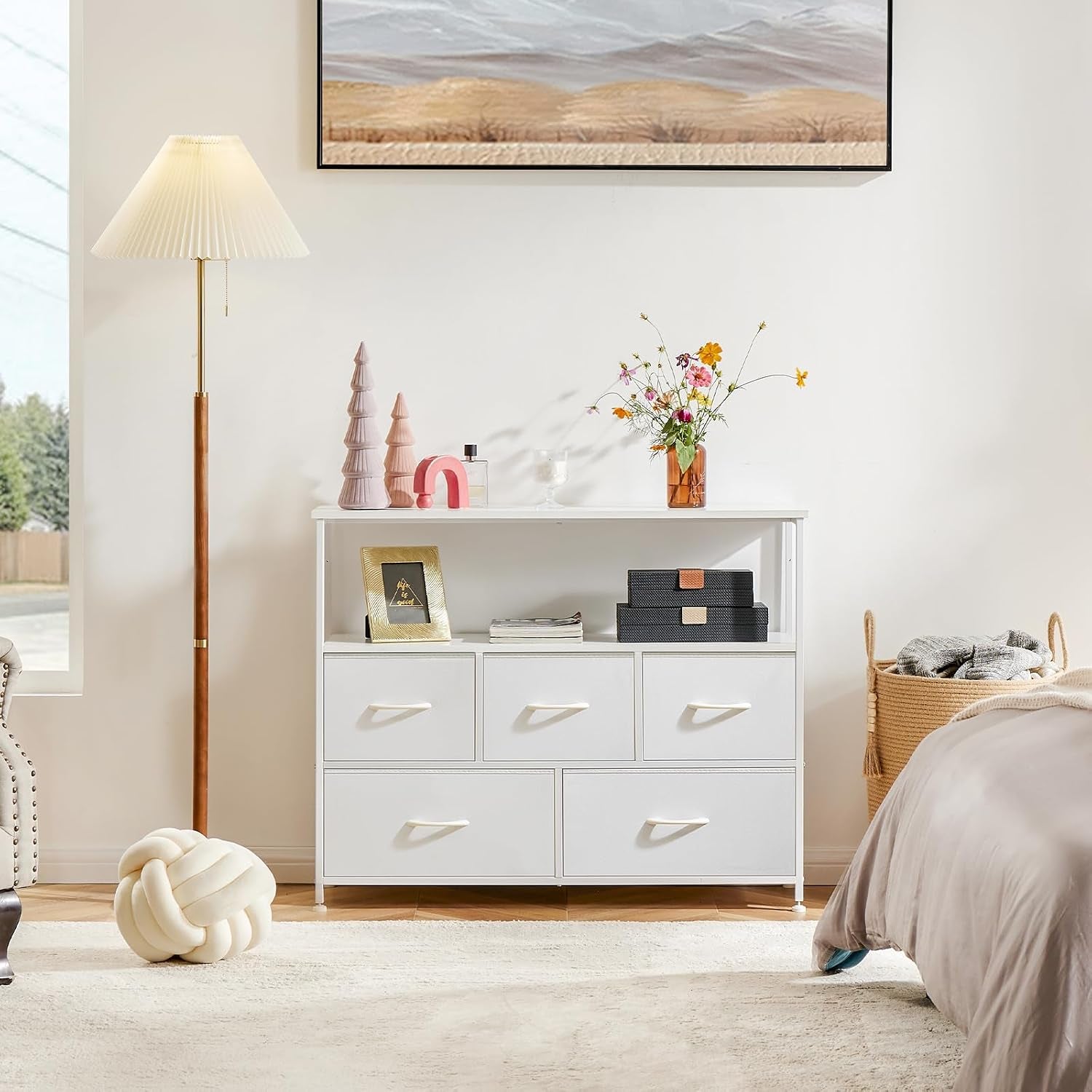 tv-stand-dresser-media-console-storage-drawers-5-fabric-open-shelf-compact-entertainment-unit-for-bedroom-living-space-dorm-organization-white