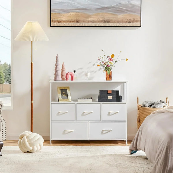 TV Stand Dresser, Media Console, Storage Drawers | 5 Fabric Open Shelf, Compact Entertainment Unit for Bedroom, Living Space, Dorm Organization, White2