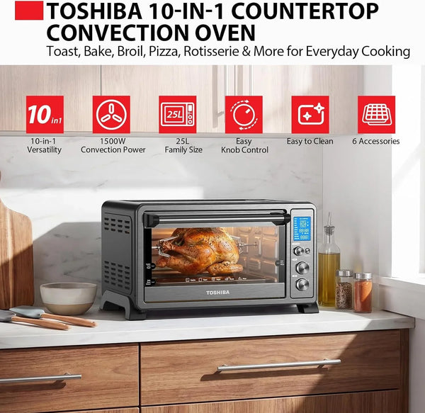 10-In-1 Convection Toaster Oven, 6-Slice Countertop Oven, 1500W | Bake, Broil, Rotisserie & Pizza Functions, LCD Knob Controls, 6 Accessories, with Toast, 1500W, Black Stainless Steel2