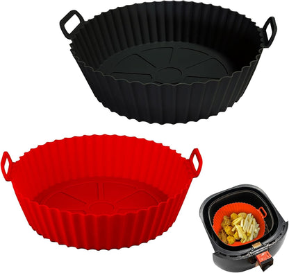 Air Fryer Silicone Liners Pot,8 Inch Air Fryer Basket Liners, Silicone Baking Tray Pots for 3 to 5 Qt for Air Fryer Oven Reusable Baking Tray Oven Accessories (Red+Black)1