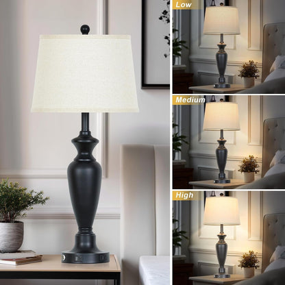 30" Tall Table Lamps Set of 2, Touch Control Bedside Lamp with USB A+C Ports and AC Outlet, 3-Way Dimmable Modern Metal Nightstand Lamp for Bedroom Living Room, 2 LED Bulbs Included, Black4