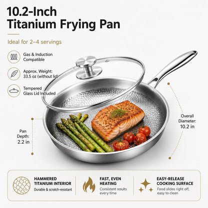 Pure Titanium Hammered Frying Pan with Lid, 10 Inch No Coating Skillet, Scratch Resistant Titanium Cookware, Even Heating Oven Safe Pan for Steak, Eggs, Salmon, Gas, Electric & Induction Cooktops2