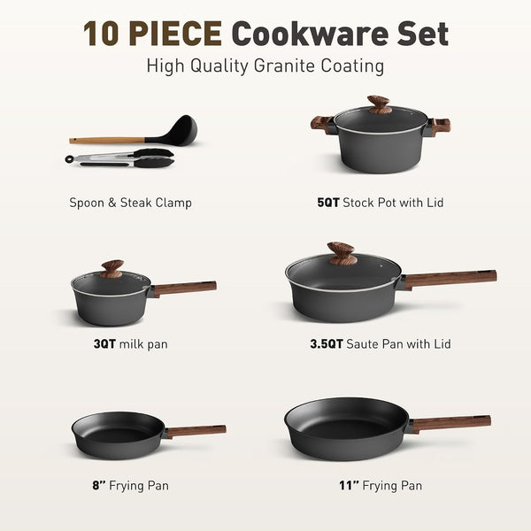 10PCS Ceramic Pots and Pans Set, Kitchen Induction Cookware Set | Black Nonstick Cooking Set, Compatible with Gas & Electric Stoves, PFOA & PFOS Free, Even Heating2