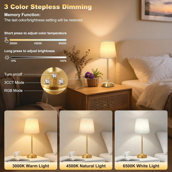 Cordless Table Lamp Rechargeable,5000Mah Battery Operated Desk Lamp,3 Colors & 7 RGB Stepless Dimmable,Touch Control Ambient Light for Bedside,Bedroom,Dining Room,Living Room,Gold,Flaxenshade2