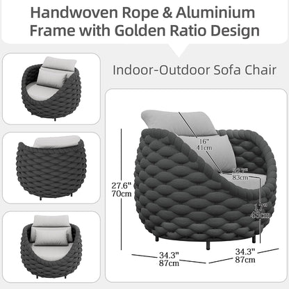 Aluminum Patio Sofa Chair, Handwoven Rope Balcony Furniture, Black2