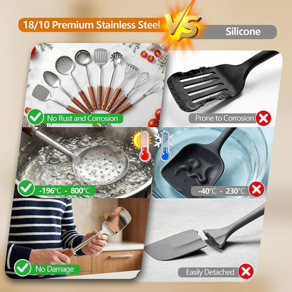 9PCS Stainless Steel Kitchen Utensils Set, Heavy Duty Wooden Handle Cooking Utensils, Metal Cookware Utensils with Spatula, Ladle, Skimmer, Spaghetti Spoon and Potato Masher, Easy to Clean3