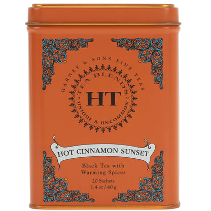 Harney and Sons Caffeinated Hot Cinnamon Sunset Black Tea with Orange and Cloves Tin 20 Sachets, Black Tea with Warming Spices (Pack of 1) | Black Tea, Three Cinnamons, Orange Peel & Cloves, Naturally Sweet, Caffeinated1